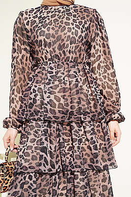 Leopar Desenli Şifon Kat Kat Elbise Bej - Elbise