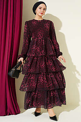 Leopar Desenli Şifon Kat Kat Elbise Bordo - HATUN