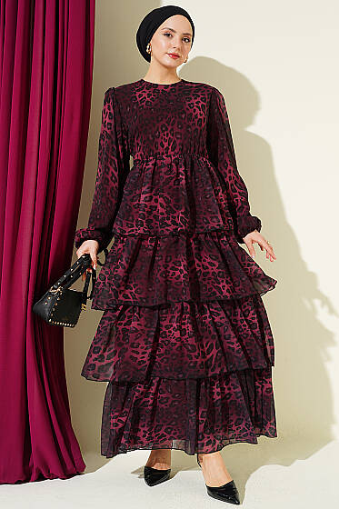 Leopar Desenli Şifon Kat Kat Elbise Bordo - Elbise