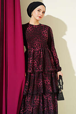 Leopar Desenli Şifon Kat Kat Elbise Bordo - Elbise