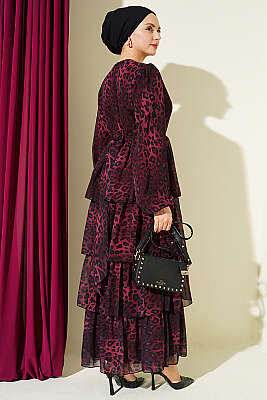 Leopar Desenli Şifon Kat Kat Elbise Bordo - Elbise