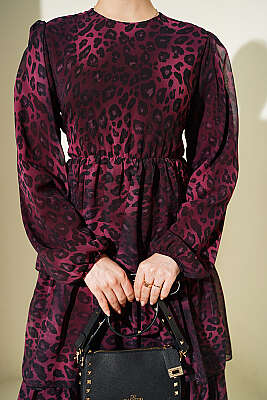 Leopar Desenli Şifon Kat Kat Elbise Bordo - Elbise