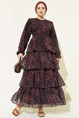 Leopar Desenli Şifon Kat Kat Elbise Kahve - HATUN