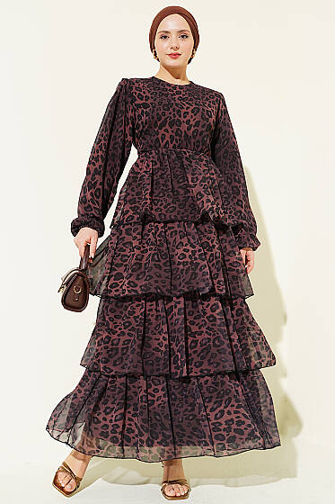 Leopar Desenli Şifon Kat Kat Elbise Kahve - Elbise