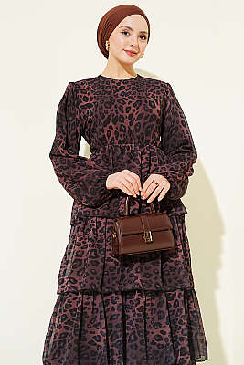 Leopar Desenli Şifon Kat Kat Elbise Kahve - Elbise
