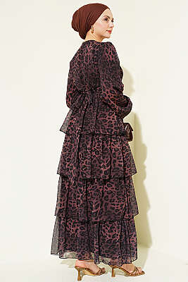 Leopar Desenli Şifon Kat Kat Elbise Kahve - Elbise