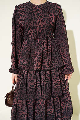 Leopar Desenli Şifon Kat Kat Elbise Kahve - Elbise