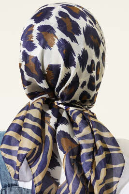 Leopar Desenli Soft Eşarp Lacivert - Başörtüsü