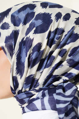 Leopar Desenli Soft Eşarp Mavi - Başörtüsü