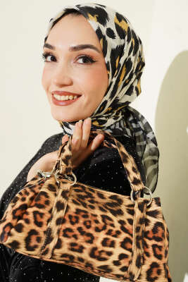 Leopar Desenli Soft Eşarp Siyah Gri - Başörtüsü