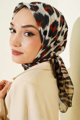 Leopar Desenli Soft Eşarp Siyah Latte - Başörtüsü