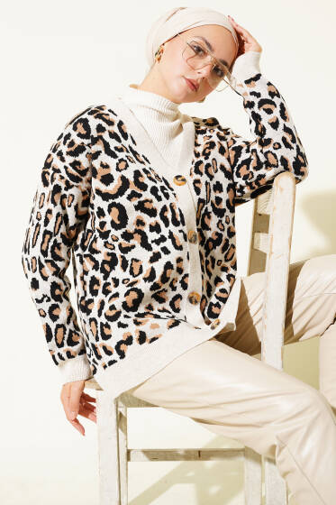 Leopar Desenli Triko Hırka Bej - Hırka