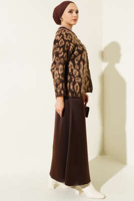 Leopar Desenli Triko Hırka Leopar Kahve Biyeli - Triko Hırka