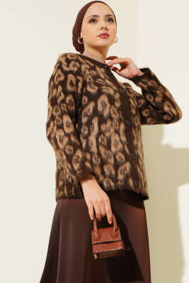 Leopar Desenli Triko Hırka Leopar Kahve Biyeli 