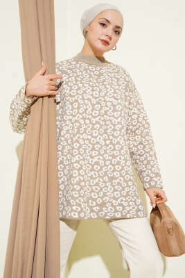 Leopar Desenli Triko Tunik Bej 