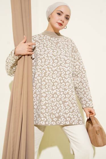 Leopar Desenli Triko Tunik Bej - Tunik
