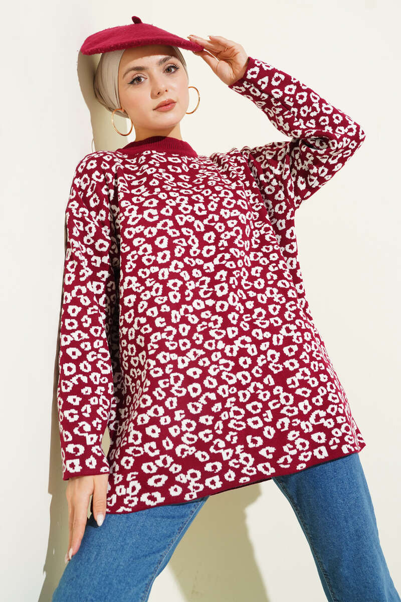 Leopar Desenli Triko Tunik Bordo