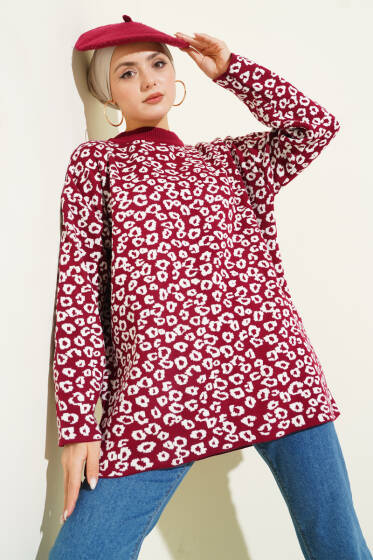 Leopar Desenli Triko Tunik Bordo - Tunik