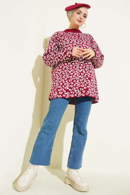 Leopar Desenli Triko Tunik Bordo - Yılın Fırsatı