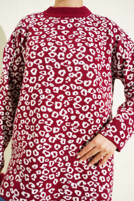 Leopar Desenli Triko Tunik Bordo - Yılın Fırsatı