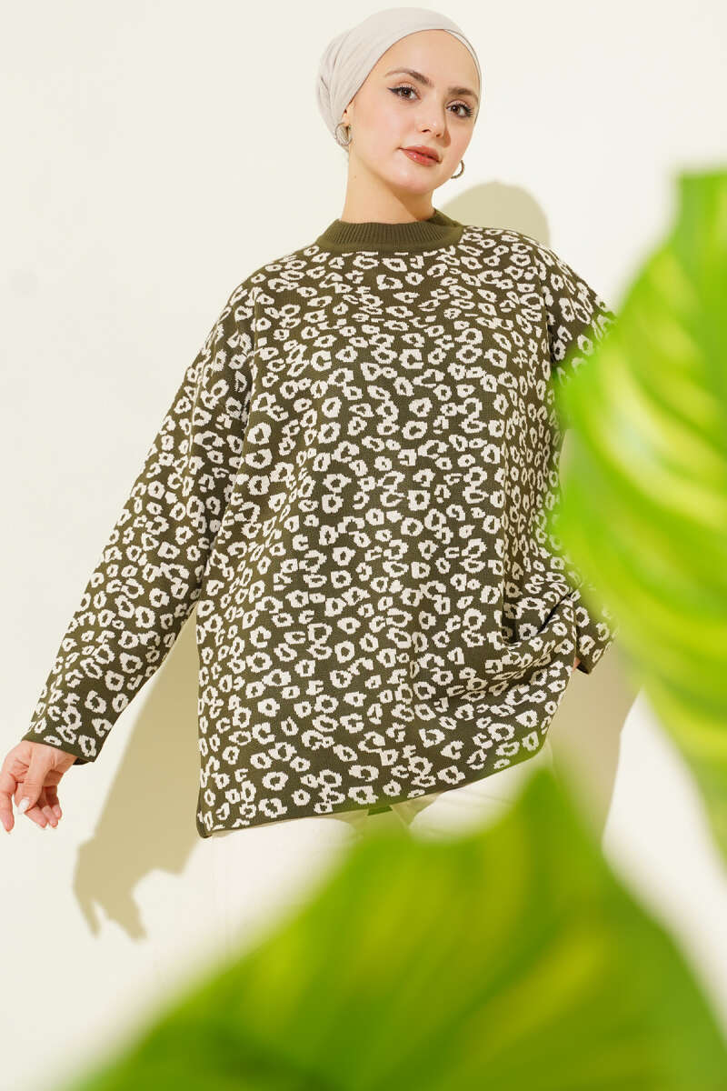 Leopar Desenli Triko Tunik Haki
