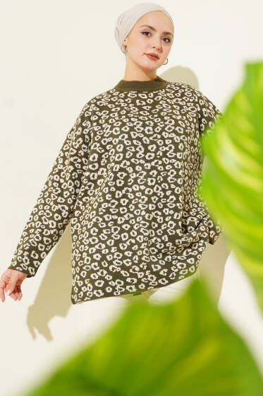 Leopar Desenli Triko Tunik Haki - Tunik
