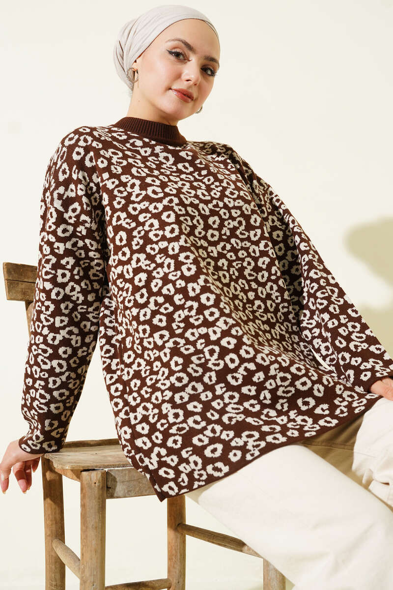 Leopar Desenli Triko Tunik Kahve