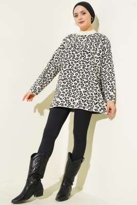 Leopar Desenli Triko Tunik Krem - Etek