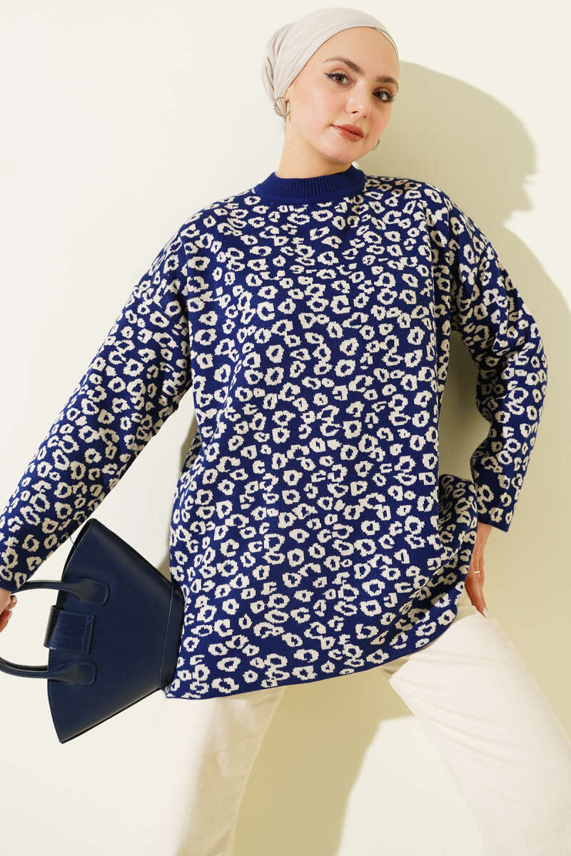 Leopar Desenli Triko Tunik Lacivert