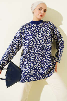 Leopar Desenli Triko Tunik Lacivert 