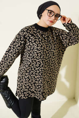 Leopar Desenli Triko Tunik Siyah - RAFİMİX