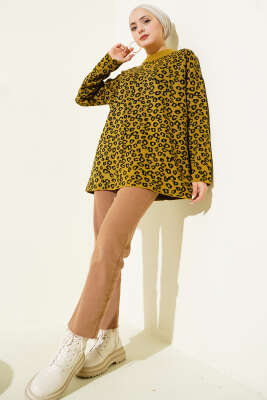 Leopar Desenli Triko Tunik Yağ Yeşili - Yılın Fırsatı