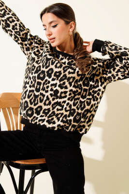Leopar Desenli Üç İplik Sweatshirt Siyah - DİVON