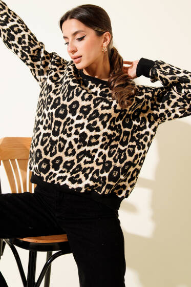 Leopar Desenli Üç İplik Sweatshirt Siyah - Kadın Giyim Modelleri