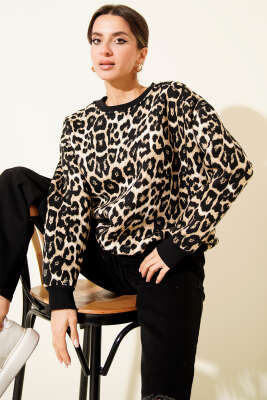 Leopar Desenli Üç İplik Sweatshirt Siyah - Kadın Giyim Modelleri