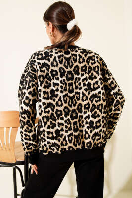 Leopar Desenli Üç İplik Sweatshirt Siyah - Kadın Giyim Modelleri