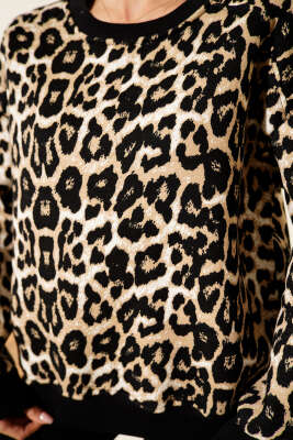 Leopar Desenli Üç İplik Sweatshirt Siyah - Kadın Giyim Modelleri