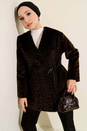 Leopar Desenli Yan Bağlamalı Goldfox Ceket Acı Kahve - Ceket
