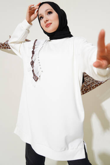 Leopar Detaylı Fırfırlı Tunik Ekru - Tunik