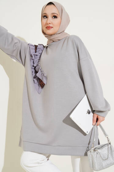 Leopar Detaylı Fırfırlı Tunik Kayrak Grisi - Tunik