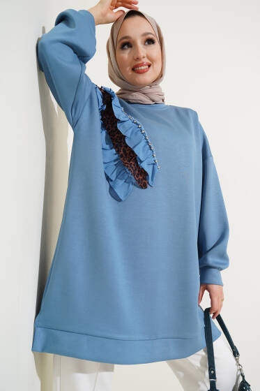 Leopar Detaylı Fırfırlı Tunik Mavi - Tunik