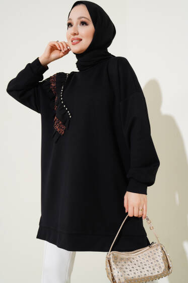 Leopar Detaylı Fırfırlı Tunik Siyah - Tunik