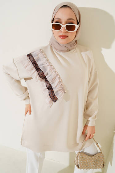 Leopar Detaylı Fırfırlı Tunik Taş - Tunik