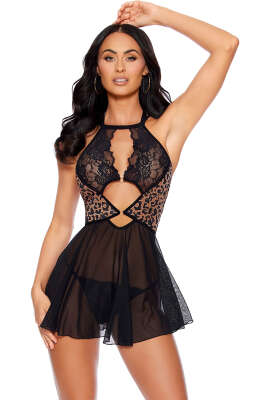 Leopar Detaylı Tüllü Fantezi İç Giyim Siyah - Fantezi İç Giyim