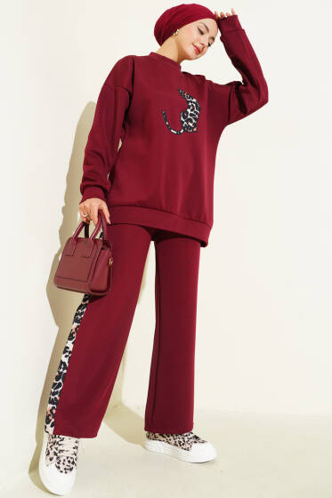 Leopar Figürlü Scuba İkili Takım Bordo - İkili Takım