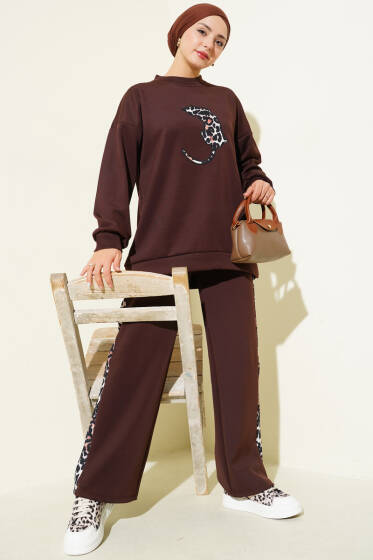 Leopar Figürlü Scuba İkili Takım Kahve - İkili Takım