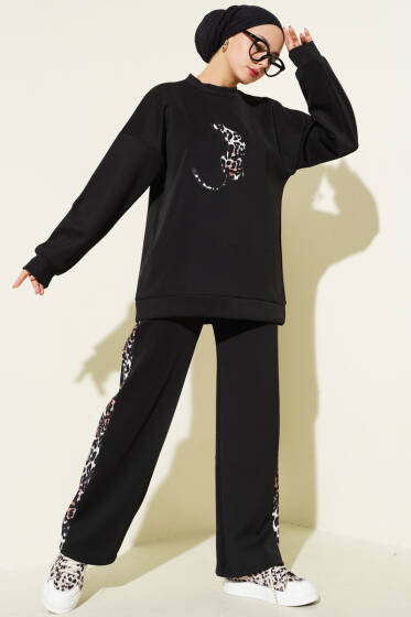 Leopar Figürlü Scuba İkili Takım Siyah - İkili Takım