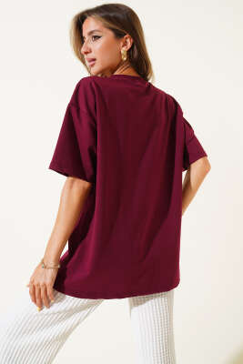 Leopar Fiyonk Baskılı T-shirt Bordo - Kadın Giyim Modelleri