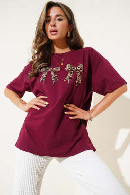 Leopar Fiyonk Baskılı T-shirt Bordo - Kadın Giyim Modelleri