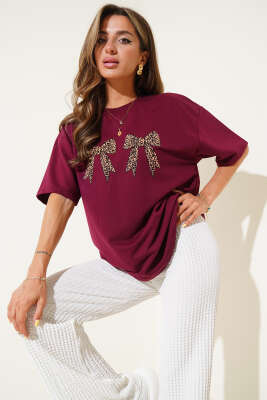 Leopar Fiyonk Baskılı T-shirt Bordo 